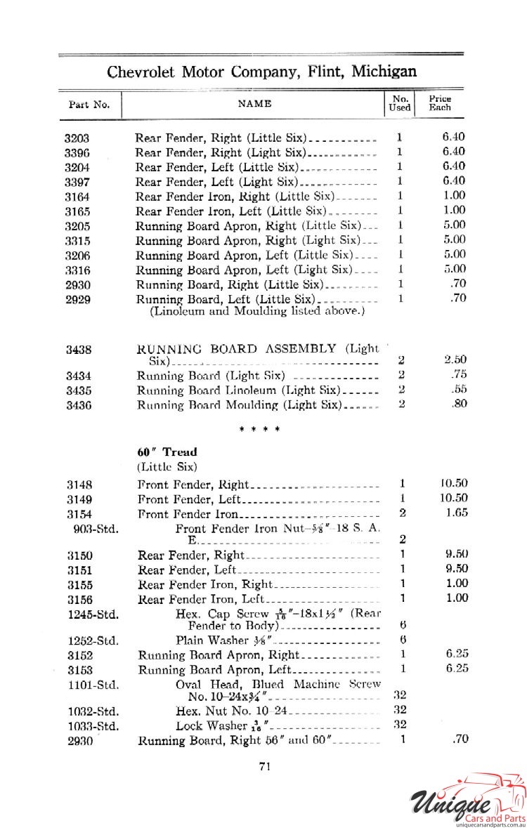1912 Chevrolet Light and Little Six Parts Price List Page 57